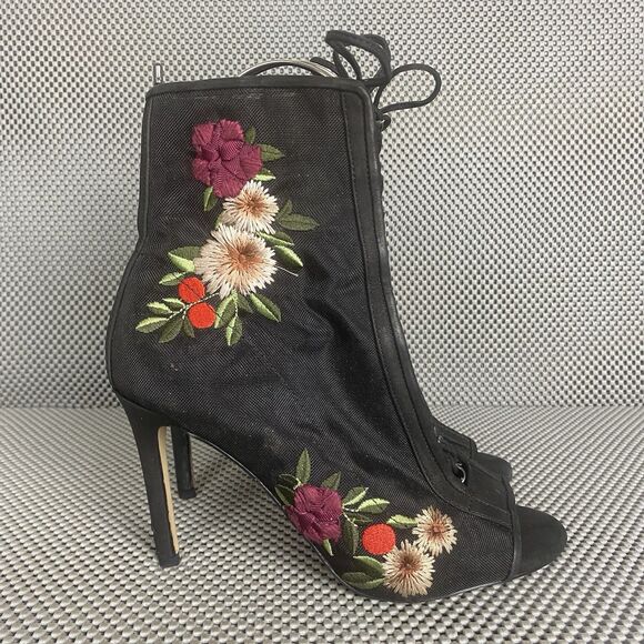 Gianni Bini Shoes - Gianni Bini Ankle Booties Heels Womens 9 M Black Floral Embroidered Zipper
